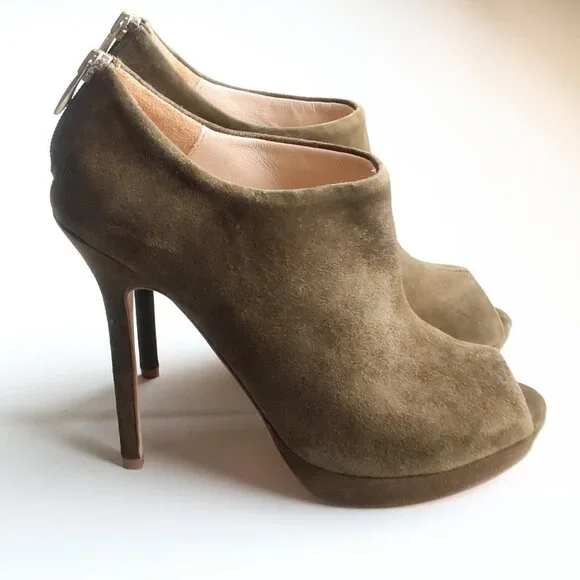 Pour La Victoire Moss Green Suede Leather Peep Toe Stiletto Heel Bootie Shoes 6 - Picture 2 of 15